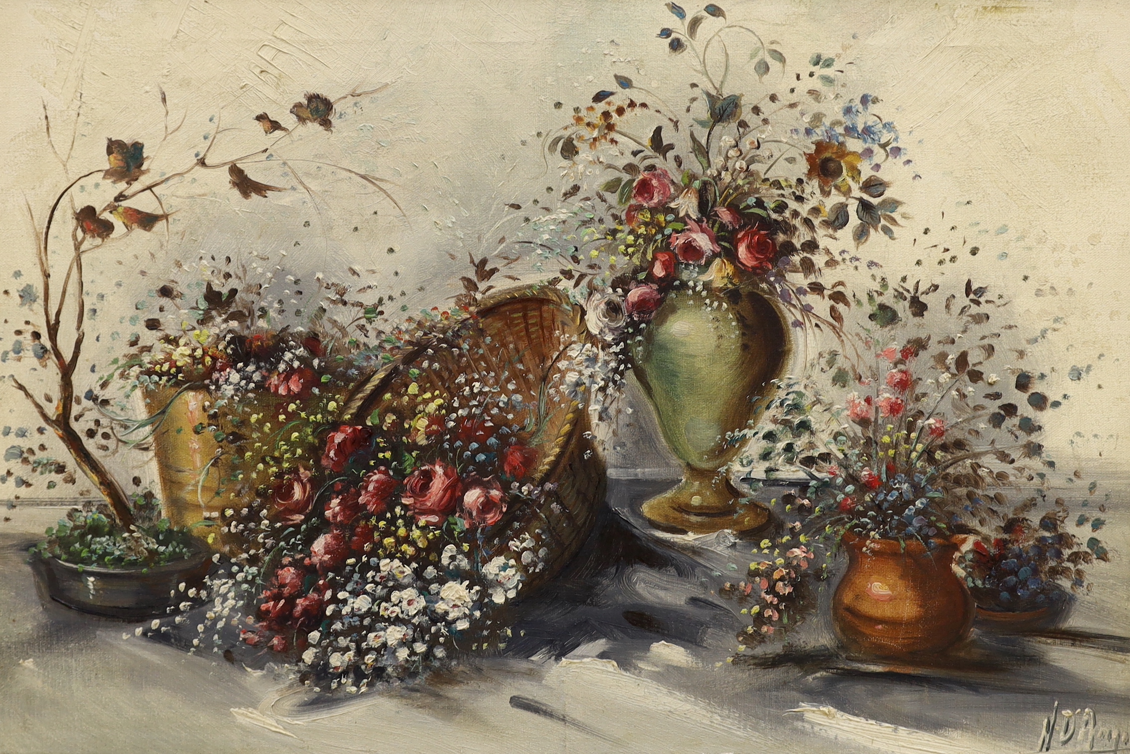 Nazzareno D'Angelo, two oils on canvas, Still life of flowers and figures before a coach house, signed, largest 50 x 75cm